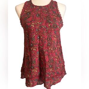 American Eagle Women’s Dark Red Sleeveless Floral Top with Lace Up Back Sz Small